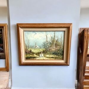 Vintage Signed Art Marie Charlotte Oil Painting Wood Rustic Landscape Framed Art